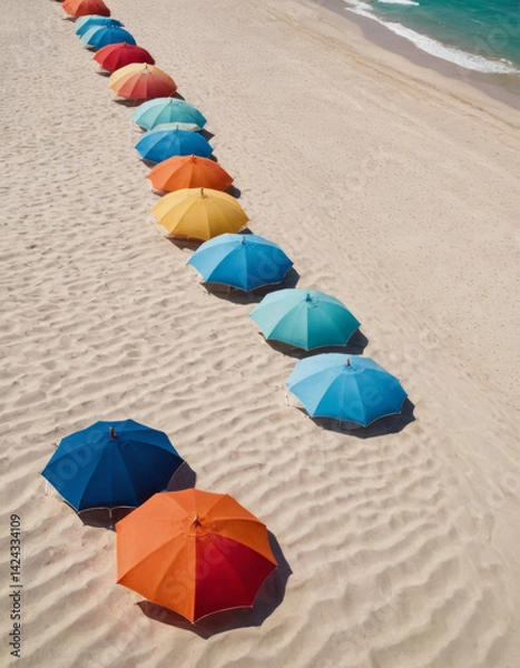 Fototapeta Close-up of colorful beach umbrellas casting shadows on white sand, with a clear blue sky and distant waves creating a serene summer atmosphere.
