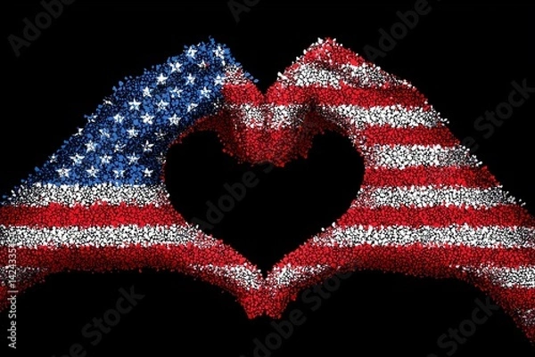Obraz Heart shape formed by hands with USA flag pattern, symbolizing love and patriotism, peaceful scene, AI generated.