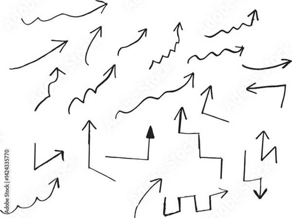 Fototapeta arrows on chalkboard. Hand-drawn arrows, chalk sketches, directional symbols, white on blackboard, variety of shapes, upward movement, zigzag lines, wavy curves, simple illustrations