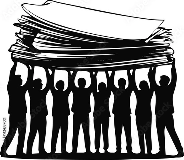 Fototapeta teamwork and collaboration, individuals working together to lift a pile of papers. Concept on collective effort, shared responsibility, and unity