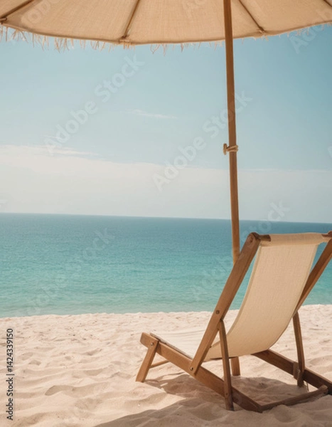 Fototapeta An empty wooden beach chair under a straw parasol, facing the calm ocean horizon. Soft pastel colors evoke quiet relaxation and solitude.