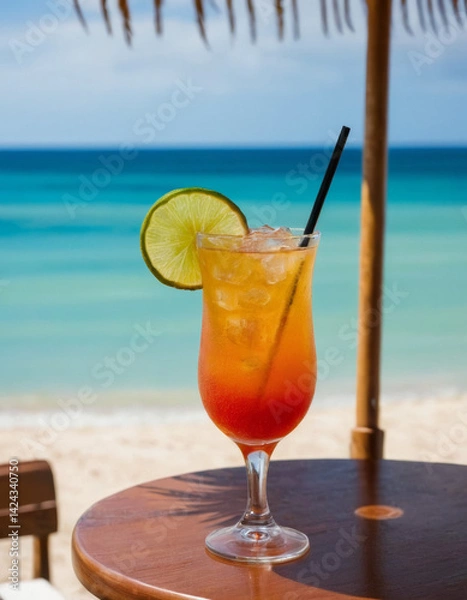 Fototapeta Ice-cold tropical drink with condensation on a beach table, tiny umbrella and slice of lime, ocean view in the distance under a blazing summer sun.