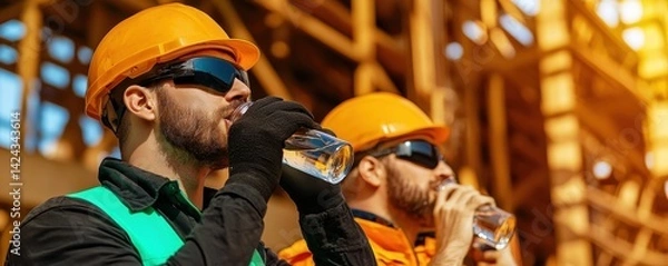 Fototapeta Workers Hydrating on Construction Site Urban Area Action Scene Daylight Focused Angle Health Awareness