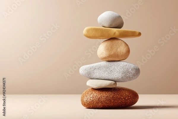 Fototapeta A stacked arrangement of smooth stones in various colors, balanced to create a harmonious, minimalist display against a neutral background.