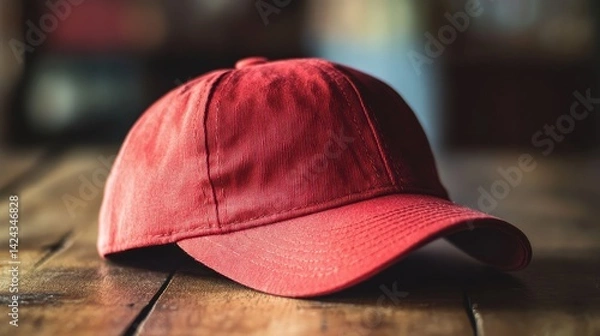 Fototapeta A classic red baseball cap resting on a wooden table, with natural lighting enhancing the fabric texture and stitching details.