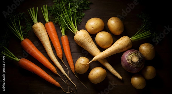 Fototapeta Rustic Root Vegetable Arrangement On Dark Wooden Surface With Dramatic Lighting