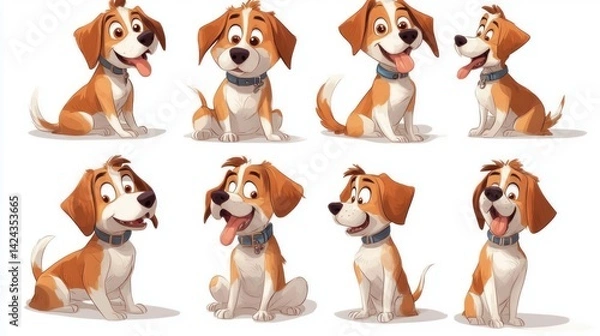 Fototapeta Eight cute beagle puppies posing; white background; website design