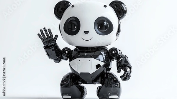 Fototapeta Adorable robot panda waving hello with glossy black and white finish on white background