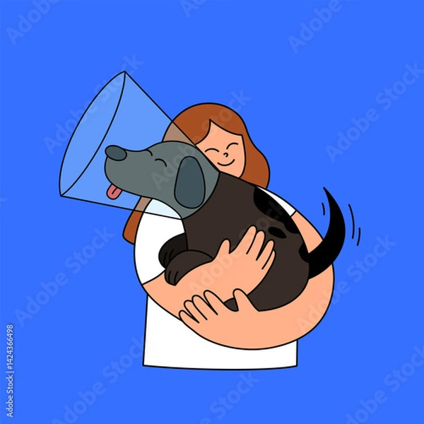 Fototapeta Vector illustration of a smiling woman hugging her injured brown dog wearing a protective cone. The image conveys love, care, and compassion for pets during their healing process. 