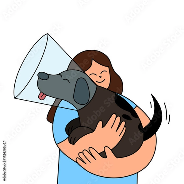 Fototapeta Vector illustration of a smiling woman hugging her injured brown dog wearing a protective cone. The image conveys love, care, and compassion for pets during their healing process. 