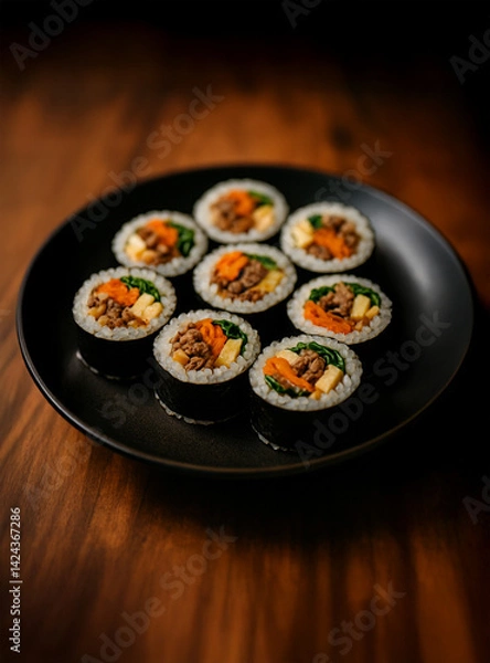 Obraz Korean kimbap rolls arranged on black ceramic dish on wooden table