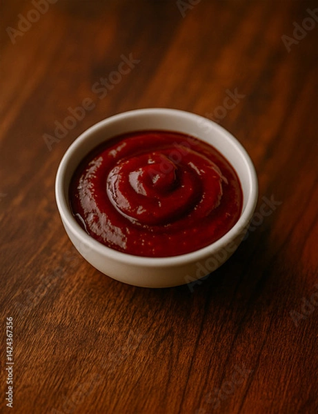 Obraz Close up of homemade tomato ketchup in little ceramic bowl on wooden surface
