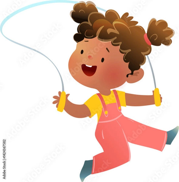 Obraz Cheerful African American Girl Child in Overalls Jumping Rope. Active playing little girl character design with skipping rope. Vector clip art illustration for preschool kids and small children.