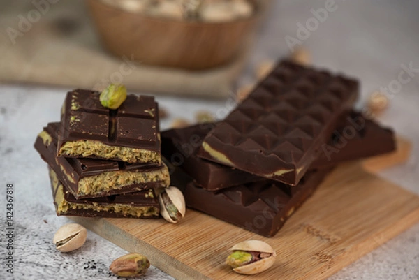 Obraz Gourmet chocolate mixed with crunchy kadaif pistachio pieces is beautifully presented on a wooden board, making a perfect treat in Dubai's culinary scene.