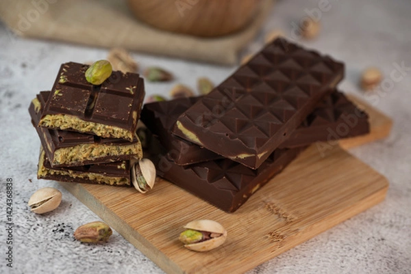 Obraz Gourmet chocolate mixed with crunchy kadaif pistachio pieces is beautifully presented on a wooden board, making a perfect treat in Dubai's culinary scene.