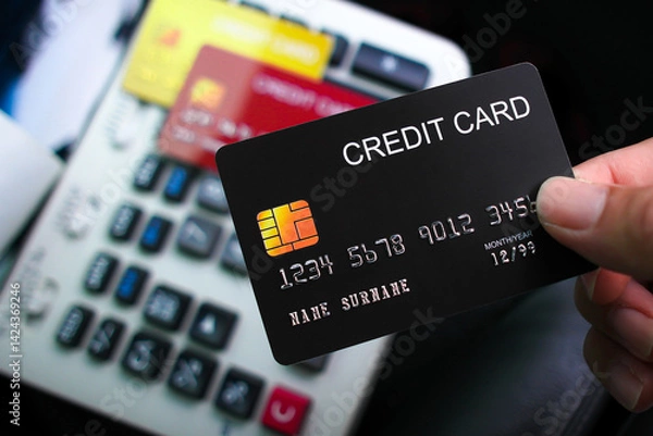 Fototapeta A hand holds a black credit card over a card reader or keypad, suggesting a transaction or payment process. Electronic payment, credit card processing.