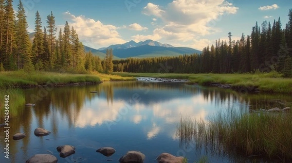 Fototapeta A serene lake surrounded by trees and mountains. The water is calm and still, reflecting the beauty of the landscape. Concept of peace and tranquility