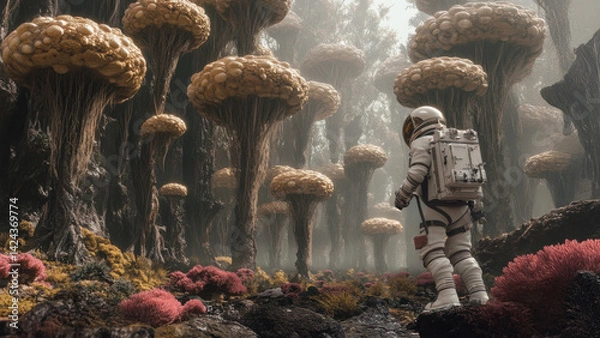 Fototapeta Astronaut exploring alien forest with giant trees and colorful vegetation. Extraterrestrial flora and space exploration on distant planet. Futuristic sci-fi landscape concept. 