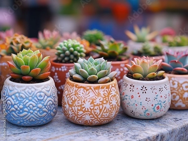Obraz Succulent plants in patterned, colorful pots