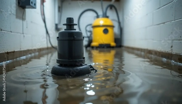 Fototapeta Water removal from flooded basement with pump