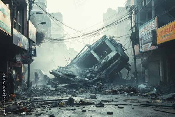 Obraz Collapsed buildings and debris on a city street after a devastating earthquake with smoke and destruction