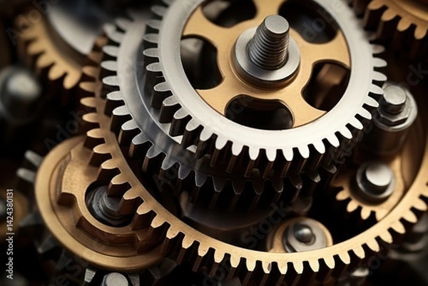 Fototapeta gear wheels with interlocking metal cogs in a close-up view showcasing intricate mechanical details