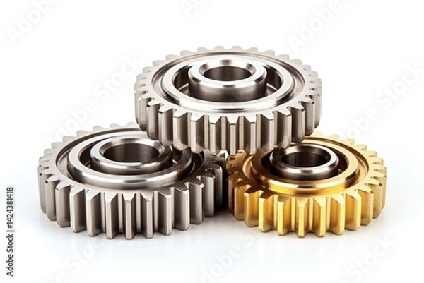 Fototapeta Industrial gear wheels of various sizes with polished metallic surfaces symbolizing power transmission Isolated on white background