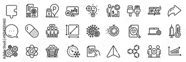 Fototapeta Atom core, Cogwheel and Seo idea line icons pack. Share, Message, Paper plane icons. Coal trolley, Ethics, Qr code web icon. Hold document, Copyright laptop, Employees wealth pictogram. Vector