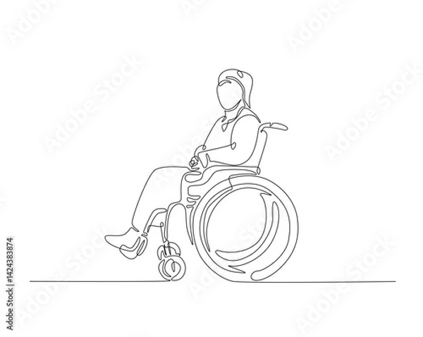 Fototapeta Person with physical disability sitting in wheel chair outline illustration. Continuous line drawing of woman sitting in wheel chair.