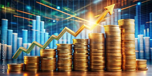 Fototapeta Stacked coins represent financial growth, with a chart indicating an upward trend. The background features a digital display of market data enhancing the business atmosphere