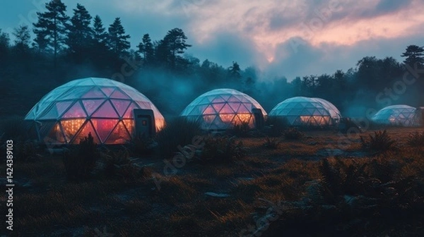 Obraz Geodesic domes with glowing lights in forest at twilight. Futuristic transparent dome cabins surrounded by trees and fog. Eco-living and sustainable housing concept. 
