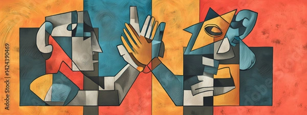 Fototapeta A cubistic impression of two figures performing a high-five, blending vibrant colors and geometric shapes in an artistic style.