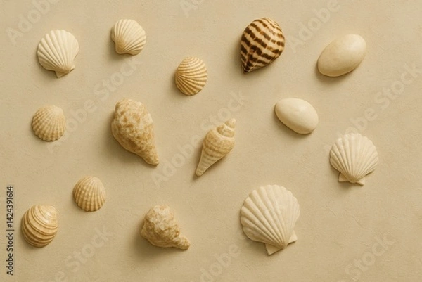 Fototapeta Collection of Seashells Arranged on a Sandy Surface Showcasing Unique Shapes and Textures