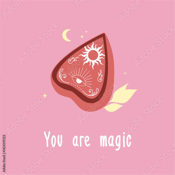 Obraz Ouija board and lettering for poster. Mystical magic and spiritual witchcraft. Planchette play for calling souls and demons. Vector illustration