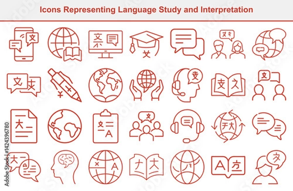 Obraz Language Translation Outline Icons Set, Global Communication Symbols, Learning Chinese, Red Line