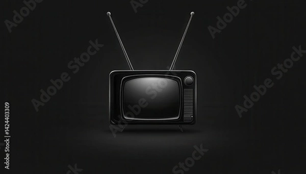 Obraz Vintage black television set.  A classic television, front view, on a dark background.  The device has antenna rods and a simple design, suggesting retro aesthetic