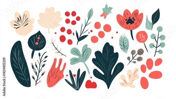 Fototapeta Autumn floral elements design, fall leaves, berries, isolated, craft