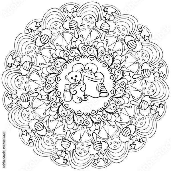 Obraz Outline mandala with a teddy bear and pillows for a baby, meditative coloring page for a baby shower party or holiday activity