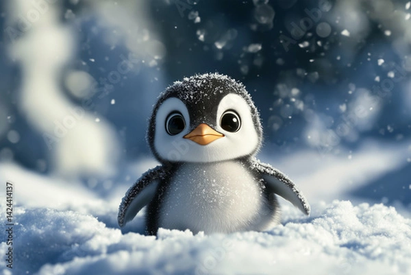 Fototapeta Cute baby penguin standing in a snowy landscape, surrounded by falling snowflakes
