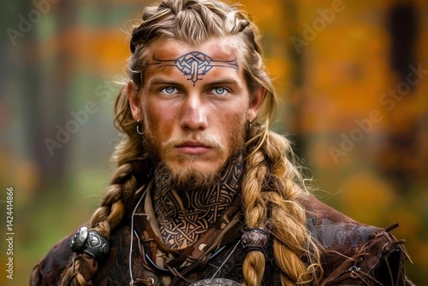 Obraz A fierce Viking warrior with intricate tattoos and armor stands in a forest setting, showcasing strength and cultural heritage.