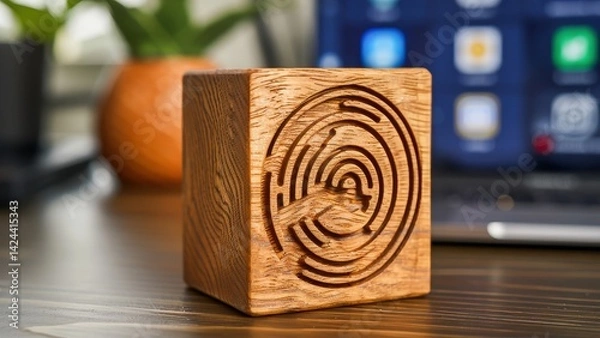 Obraz A beautifully crafted wooden puzzle cube with intricate laser-cut designs. Perfect for modern decor and intellectual challenges on any tabletop.