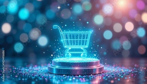 Obraz Futuristic Glowing Shopping Cart Icon for E-Commerce Business Marketing – AI Digital Retail Graphic for Online Sales and Branding Success