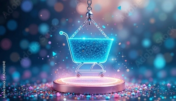 Obraz Futuristic Glowing Shopping Cart Icon for E-Commerce Business Marketing – AI Digital Retail Graphic for Online Sales and Branding Success