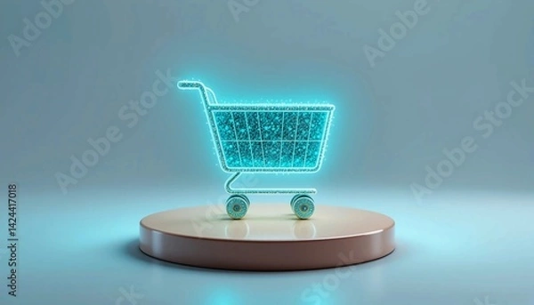 Obraz Futuristic Glowing Shopping Cart Icon for E-Commerce Business Marketing – AI Digital Retail Graphic for Online Sales and Branding Success