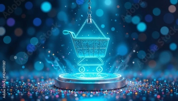 Obraz Futuristic Glowing Shopping Cart Icon for E-Commerce Business Marketing – AI Digital Retail Graphic for Online Sales and Branding Success