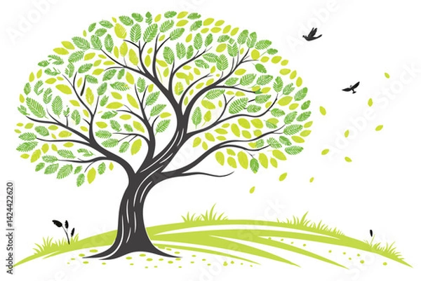 Fototapeta 25 Stylized tree illustration, vibrant green foliage, lush canopy, round treetop, cartoon-like, simplified trunk, white background, spring or summer season, digital art, vector graphic style, bright a