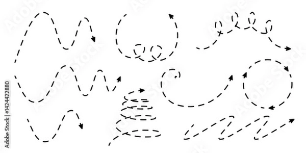 Fototapeta Set of loopy spiral dash arrows. Vector manga wavy lines with pointer. Isolated vector signs.