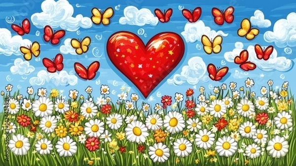 Fototapeta Cartoon heart in a meadow with butterflies, idyllic summer scene