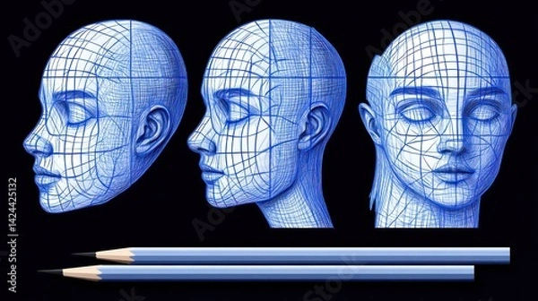 Obraz 3D anatomical female head profiles, grid overlay, drawing tools