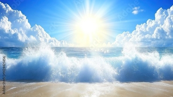 Fototapeta Sunny beach waves crashing on shore, vibrant sky
